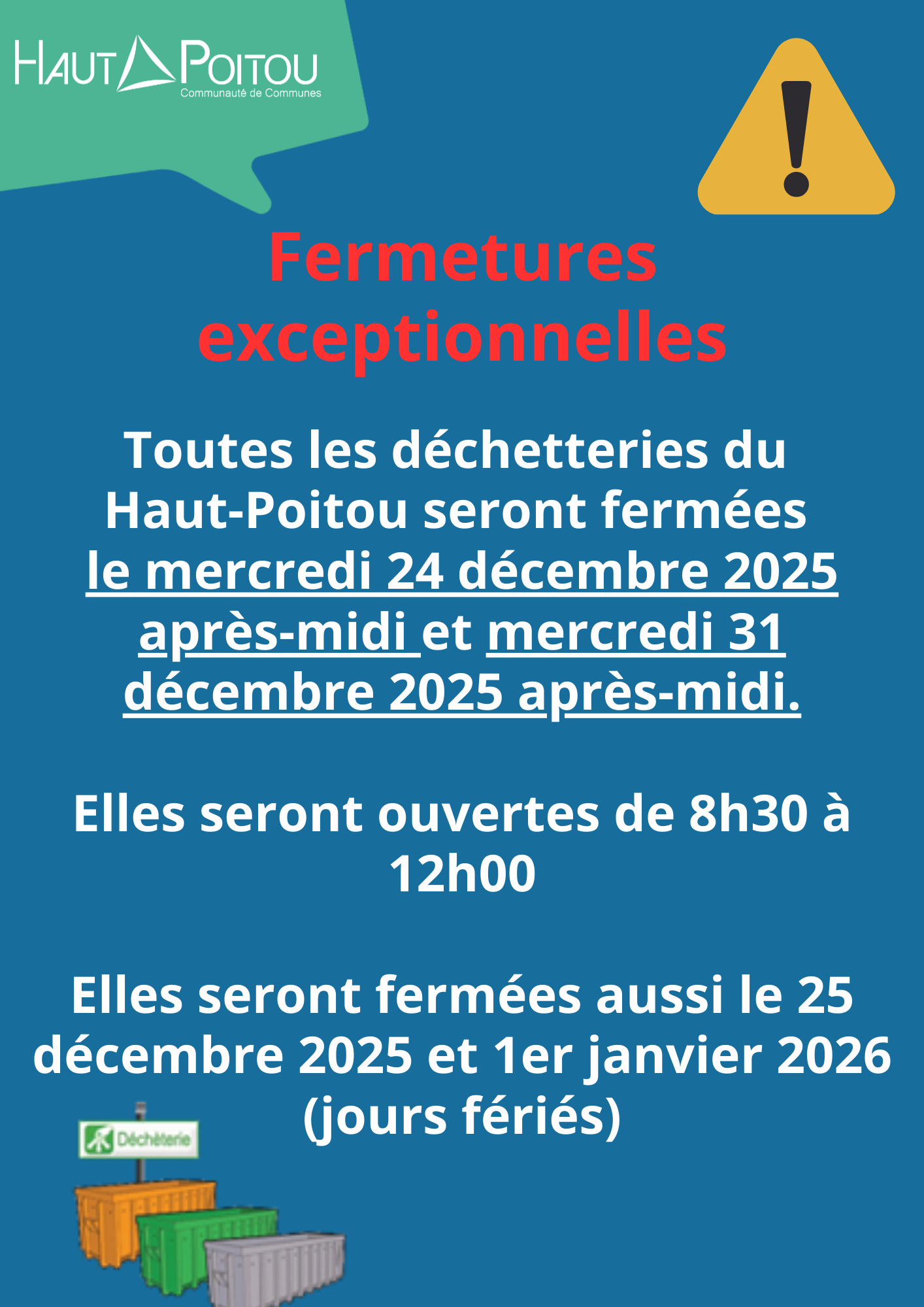 Fermeture déchetterie 24 12 2025 et 31 12 20525