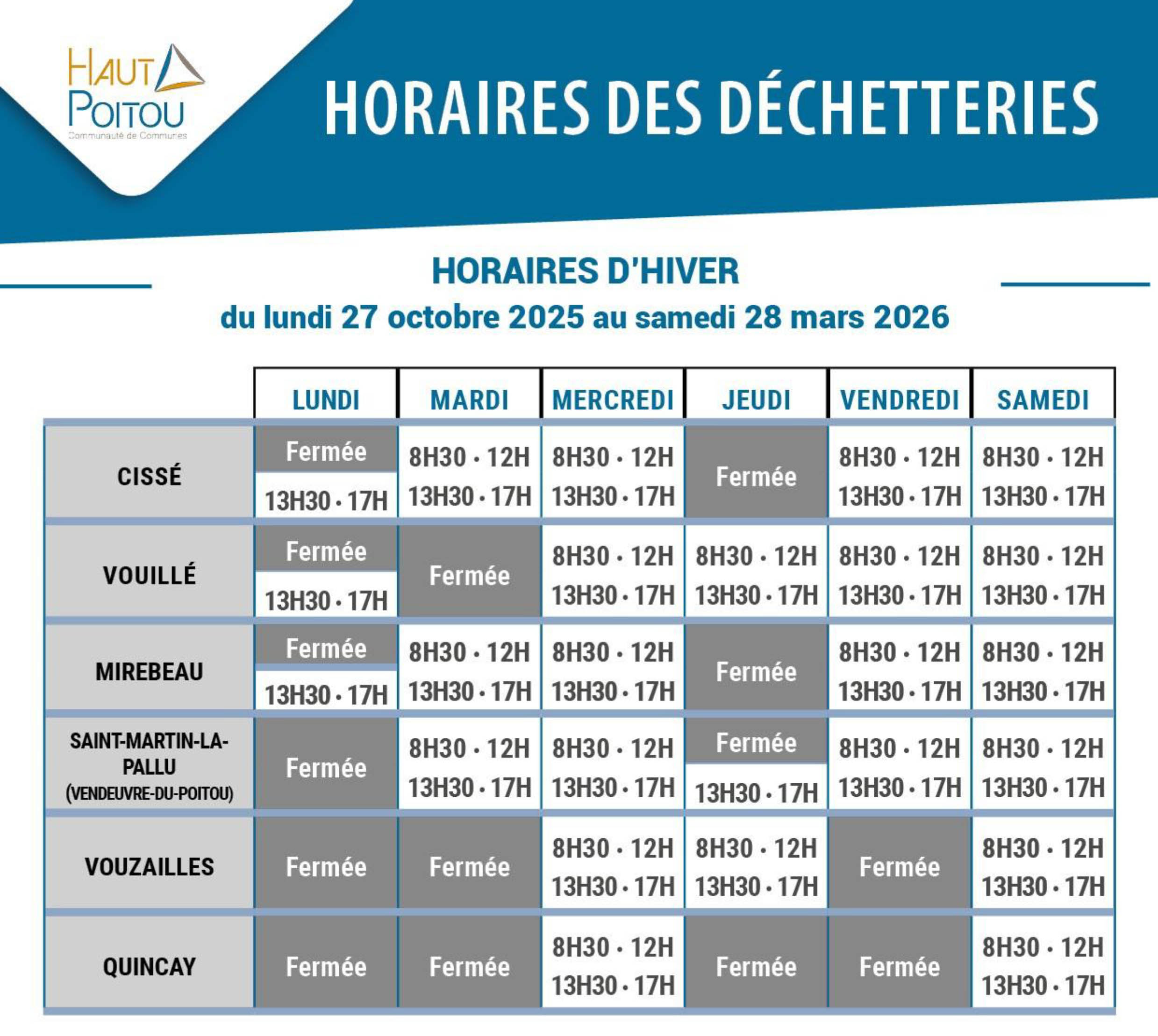 horaires période hivernale 2025 2026